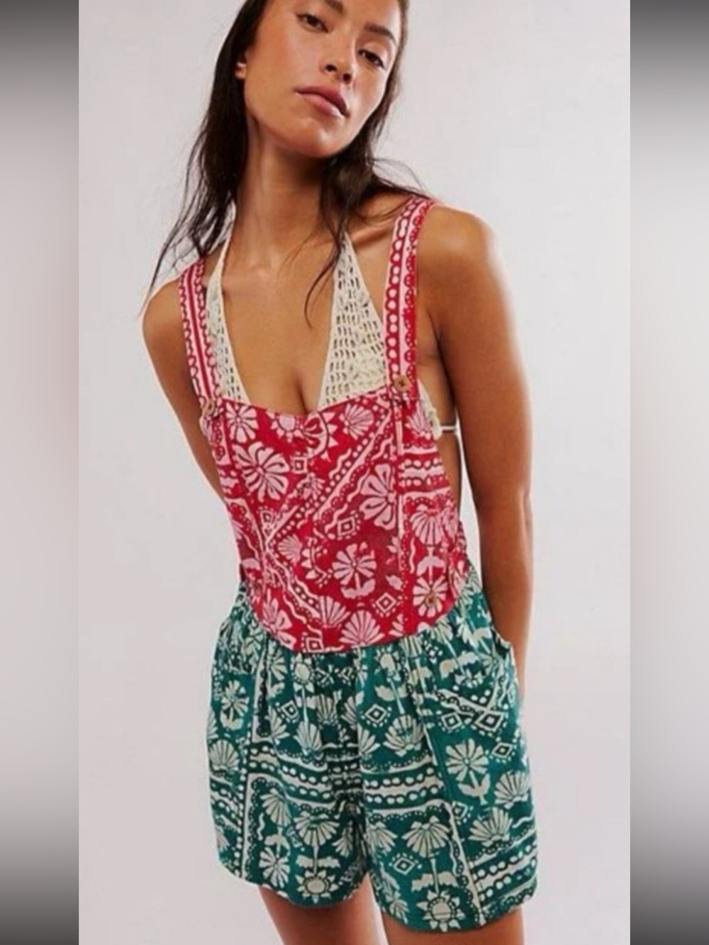 Free People Cotton Palm Bay Printed Red Green Shortalls Overalls